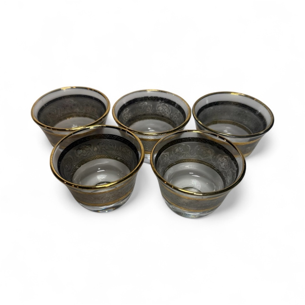 Vintage Ornate Gold & Silver Banded Glass Cup / Cawa Cup 5 set